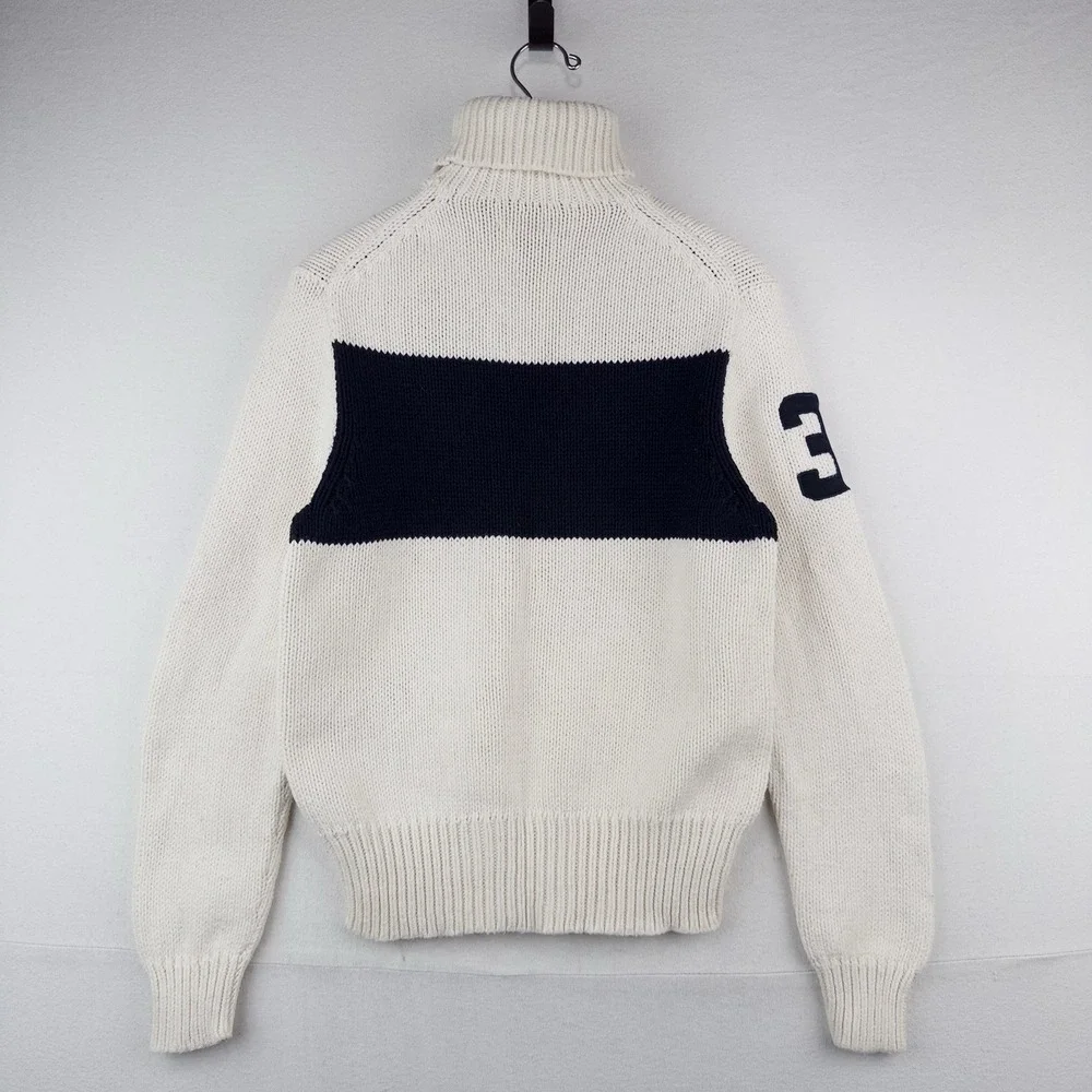 90's Vtg Polo Ralph Lauren Turtleneck Sweater #3 Men's M White Navy Pima Cotton